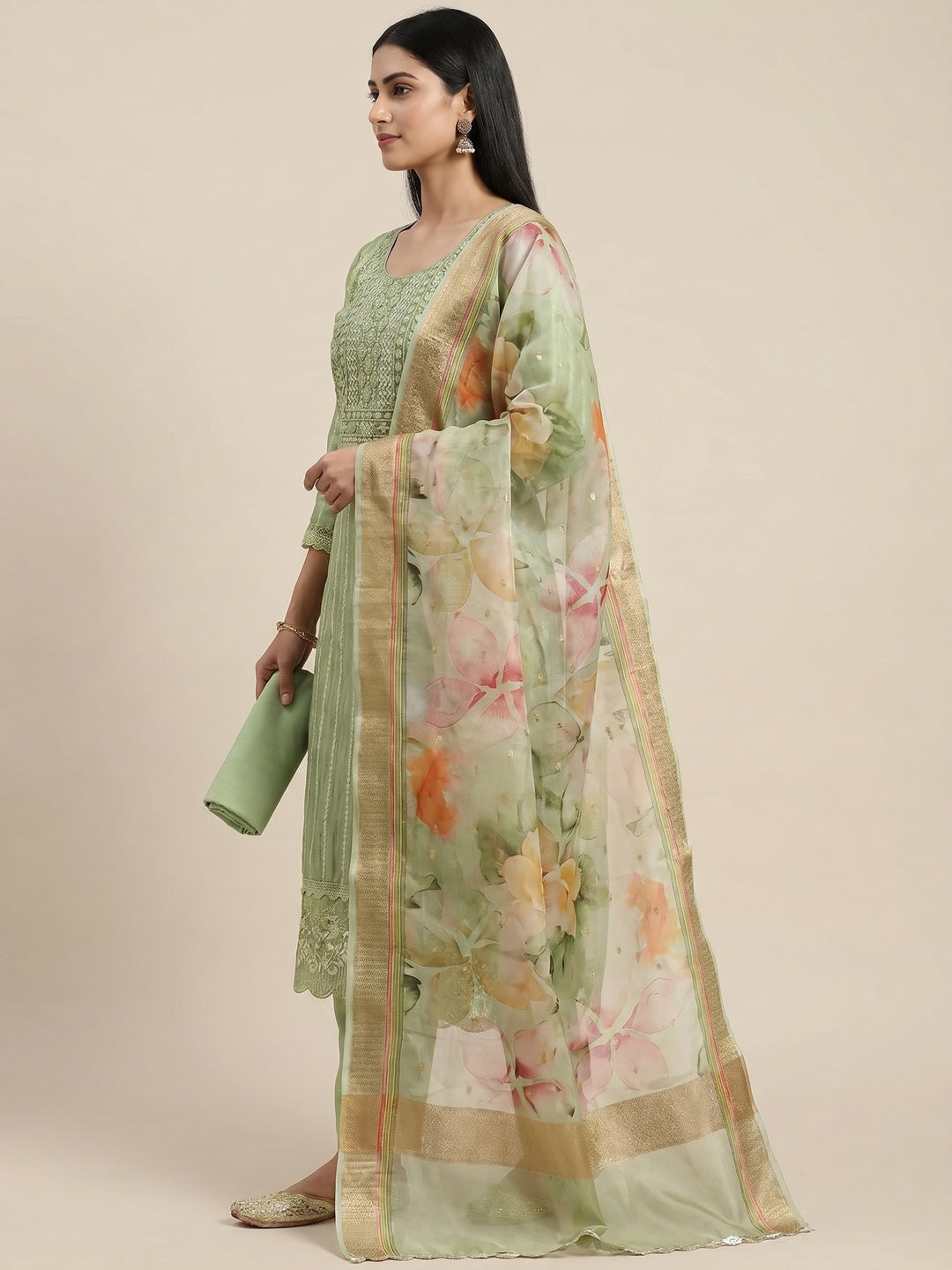 Green Floral Sequins Embroidered Cotton Silk Dress Material - Image 2