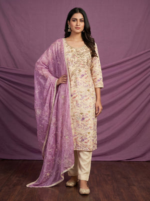 Cream & Purple Printed With Handwork Pure Cotton Dress Material - Image 1
