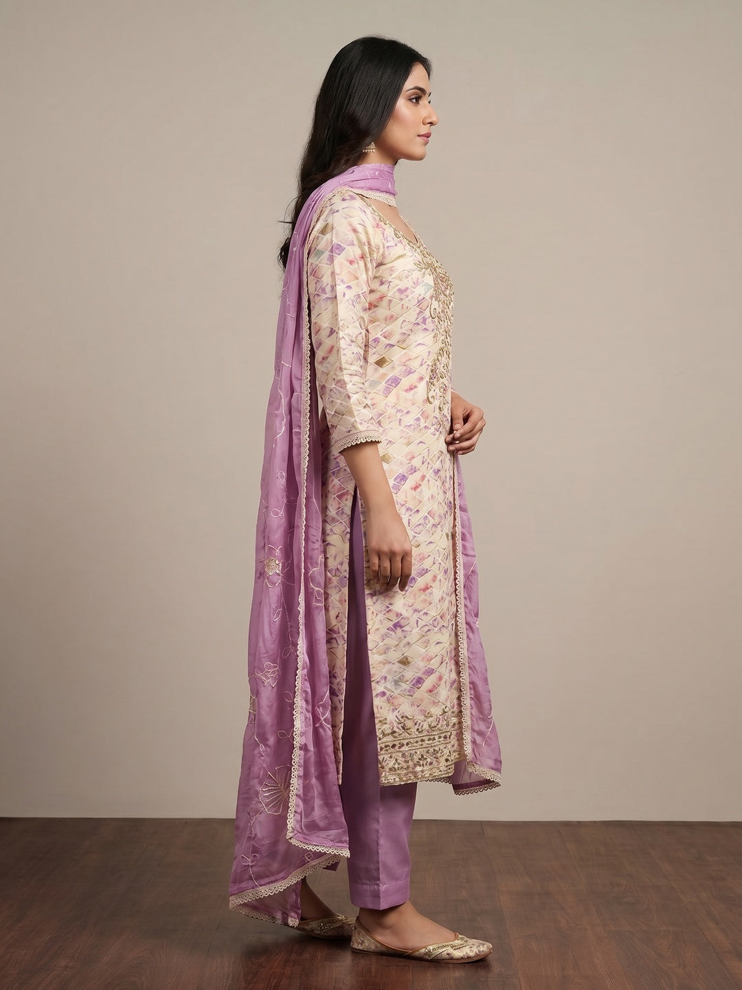 Cream & Purple Printed With Handwork Pure Cotton Dress Material - Image 2