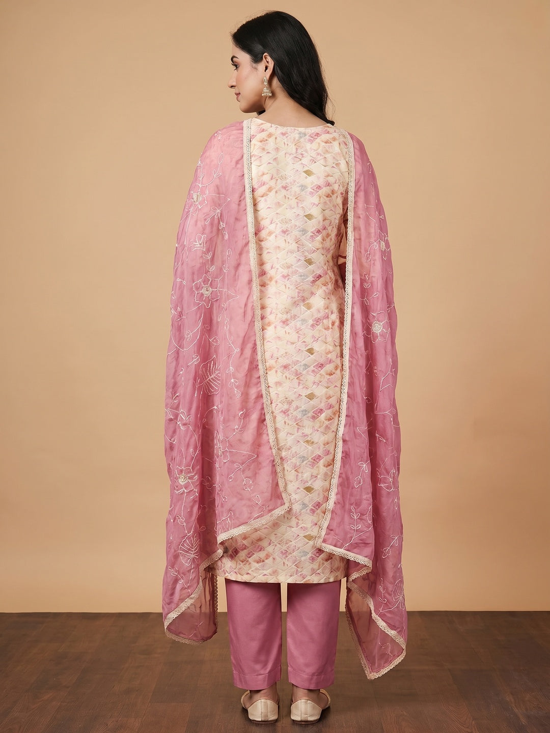 Cream & Pink Printed With Handwork Pure Cotton Dress Material - Image 3