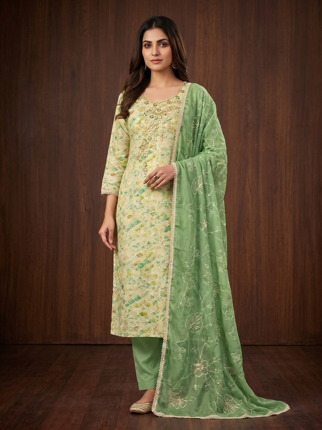 Cream & Pista Green Printed With Handwork Pure Cotton Dress Material - Image 1