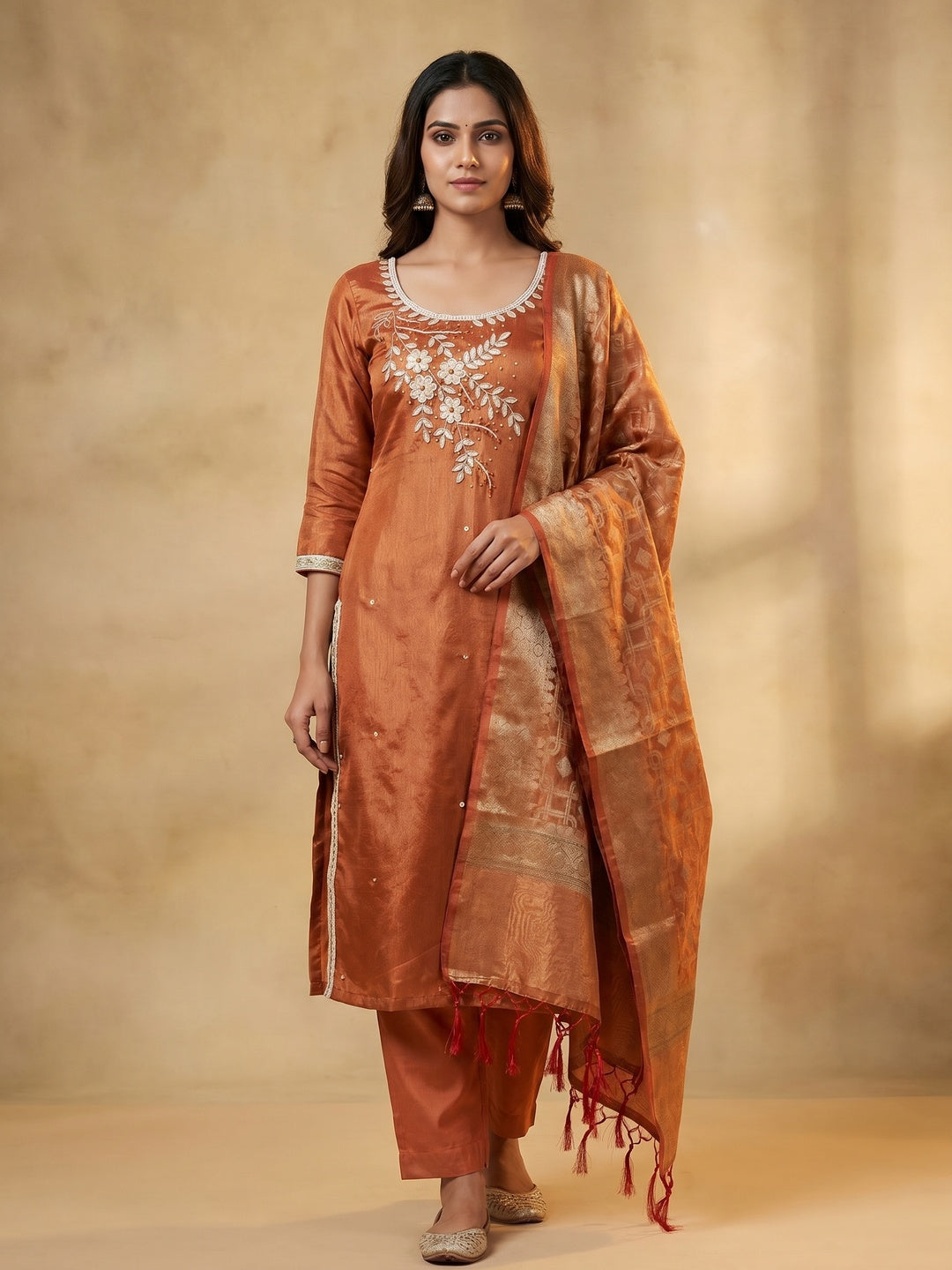 Rust Orange Floral Moti With Gota Patti Handwork Viscose Dress Material - Image 1