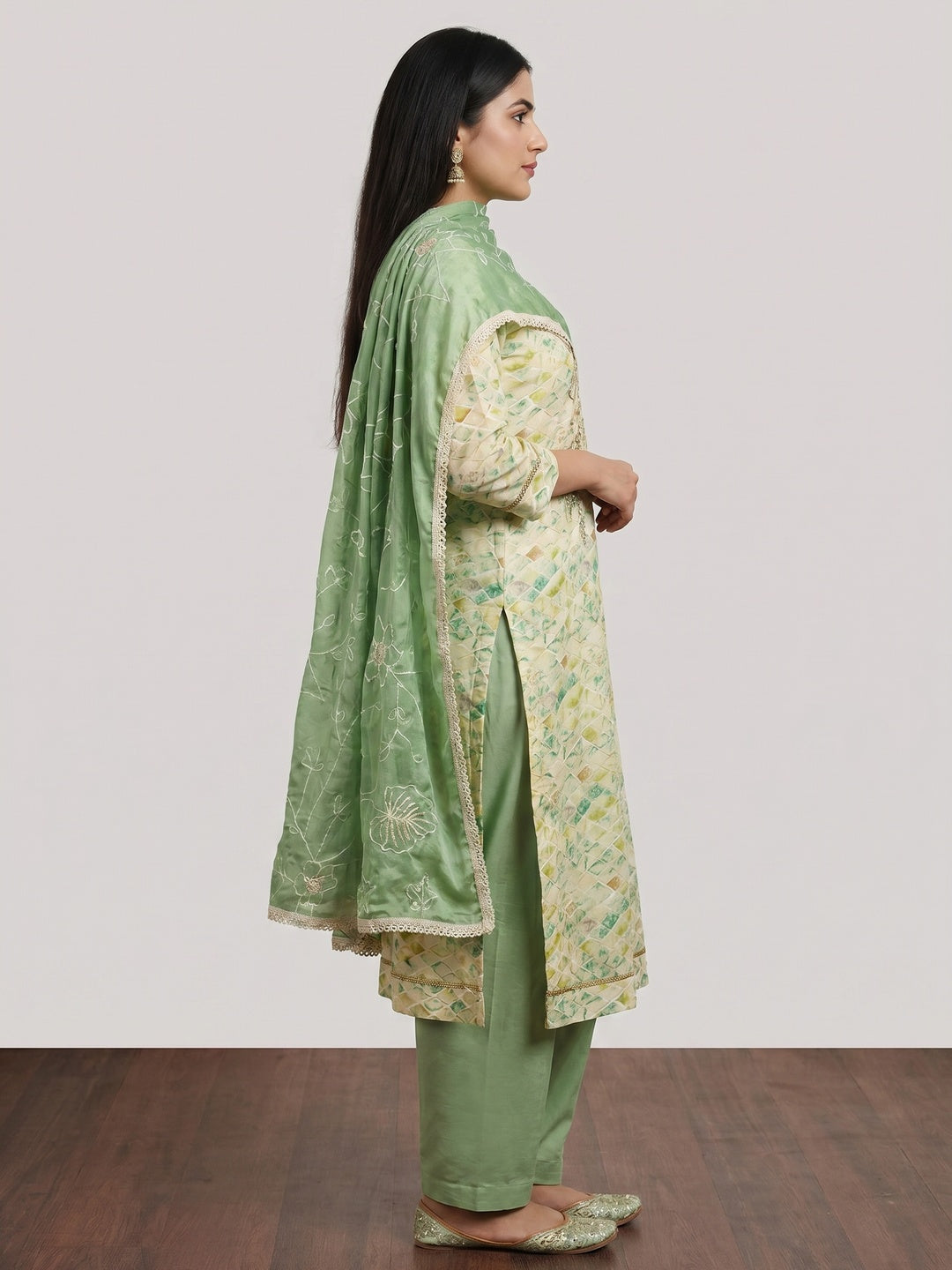 Cream & Pista Green Printed With Handwork Pure Cotton Dress Material - Image 2