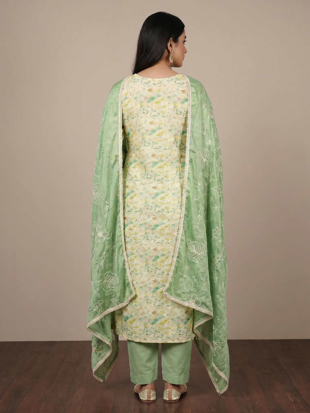 Cream & Pista Green Printed With Handwork Pure Cotton Dress Material - Image 3
