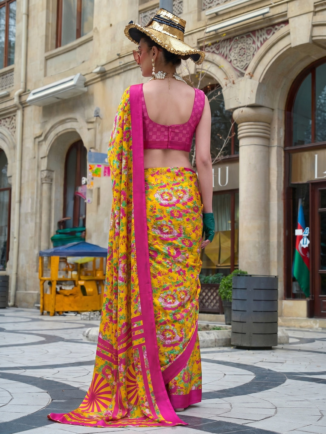 Yellow & Pink Contemporary Printed Satin Saree - Image 1
