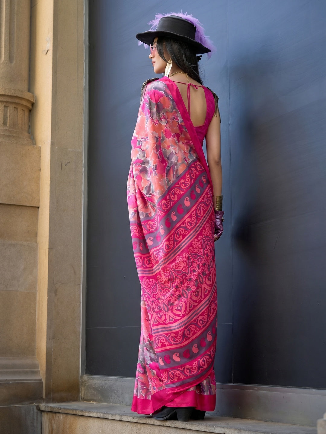 Peach & Pink Contemporary Printed Satin Saree - Image 1
