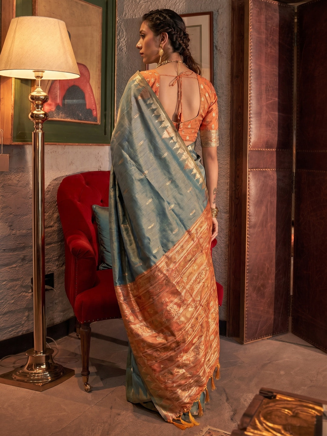 Grey Zari Work Woven Tussar Silk Saree With Tassels - Image 1