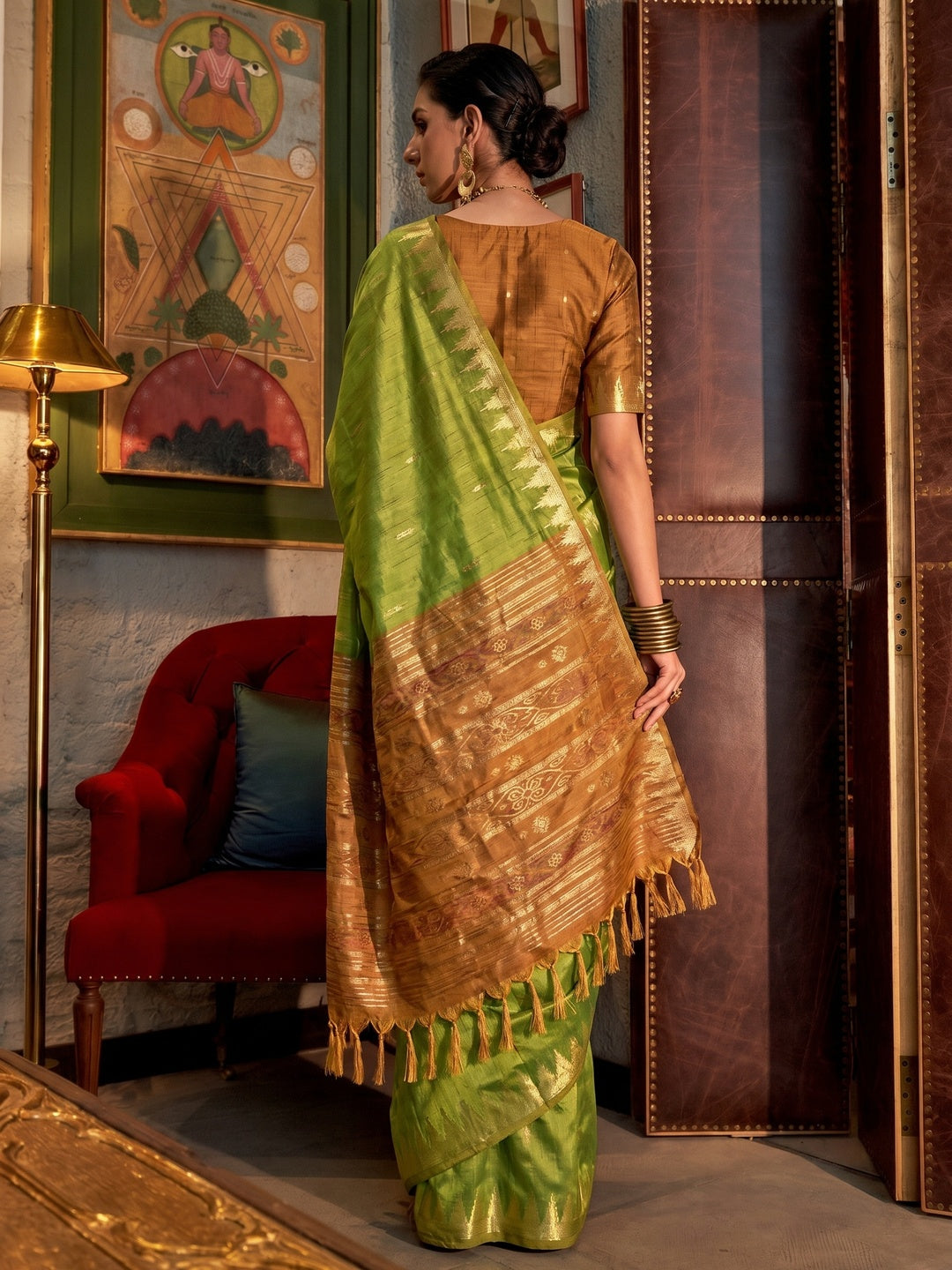 Green Zari Work Woven Tussar Silk Saree With Tassels - Image 1