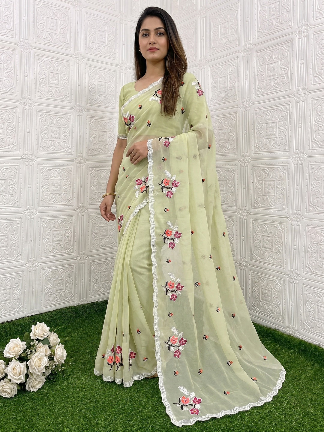 Light Green Floral Embroidered Chiffon Saree - Image 1