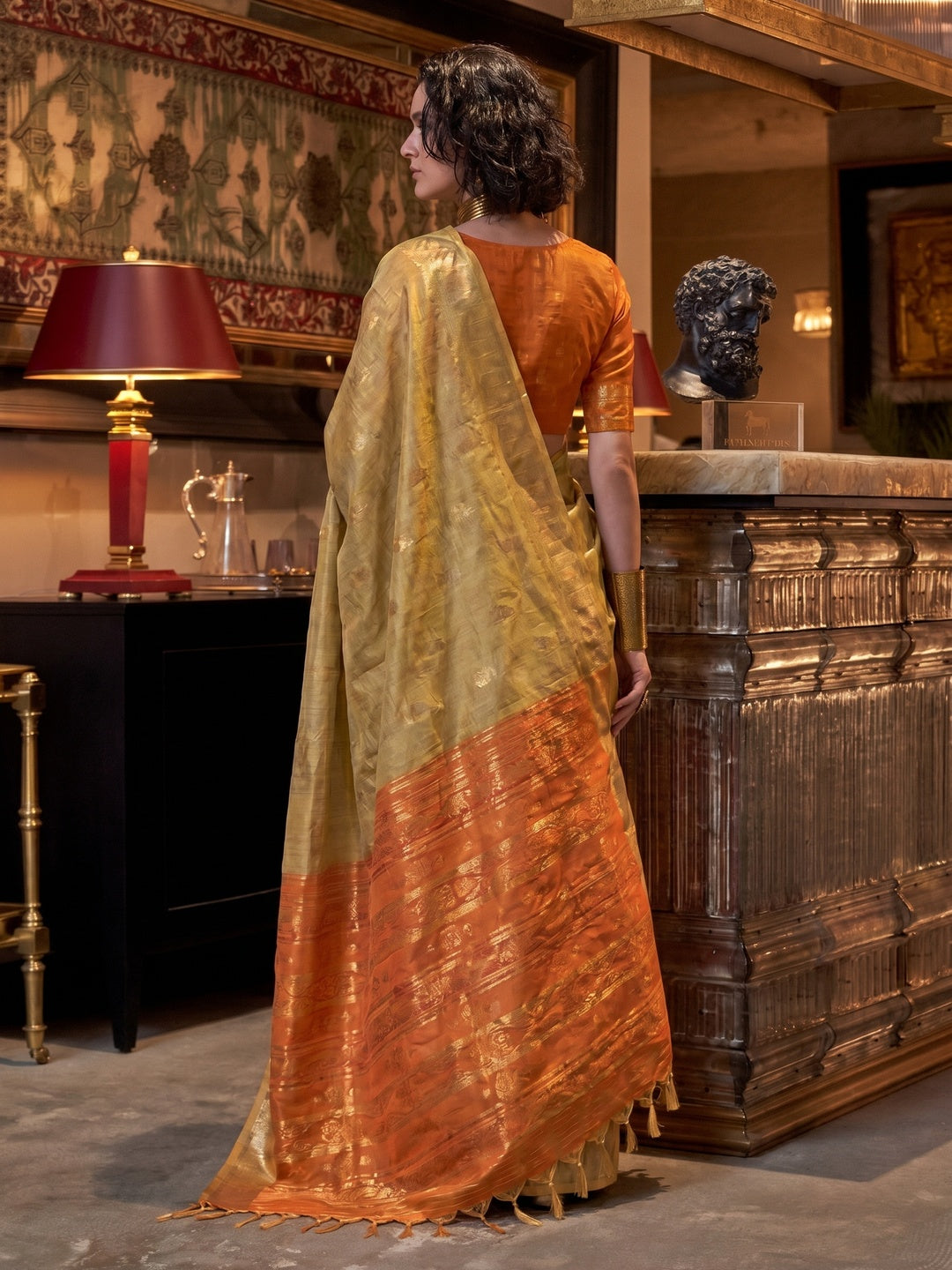 Chikoo Zari Work Woven Tussar Silk Saree With Tassels - Image 1