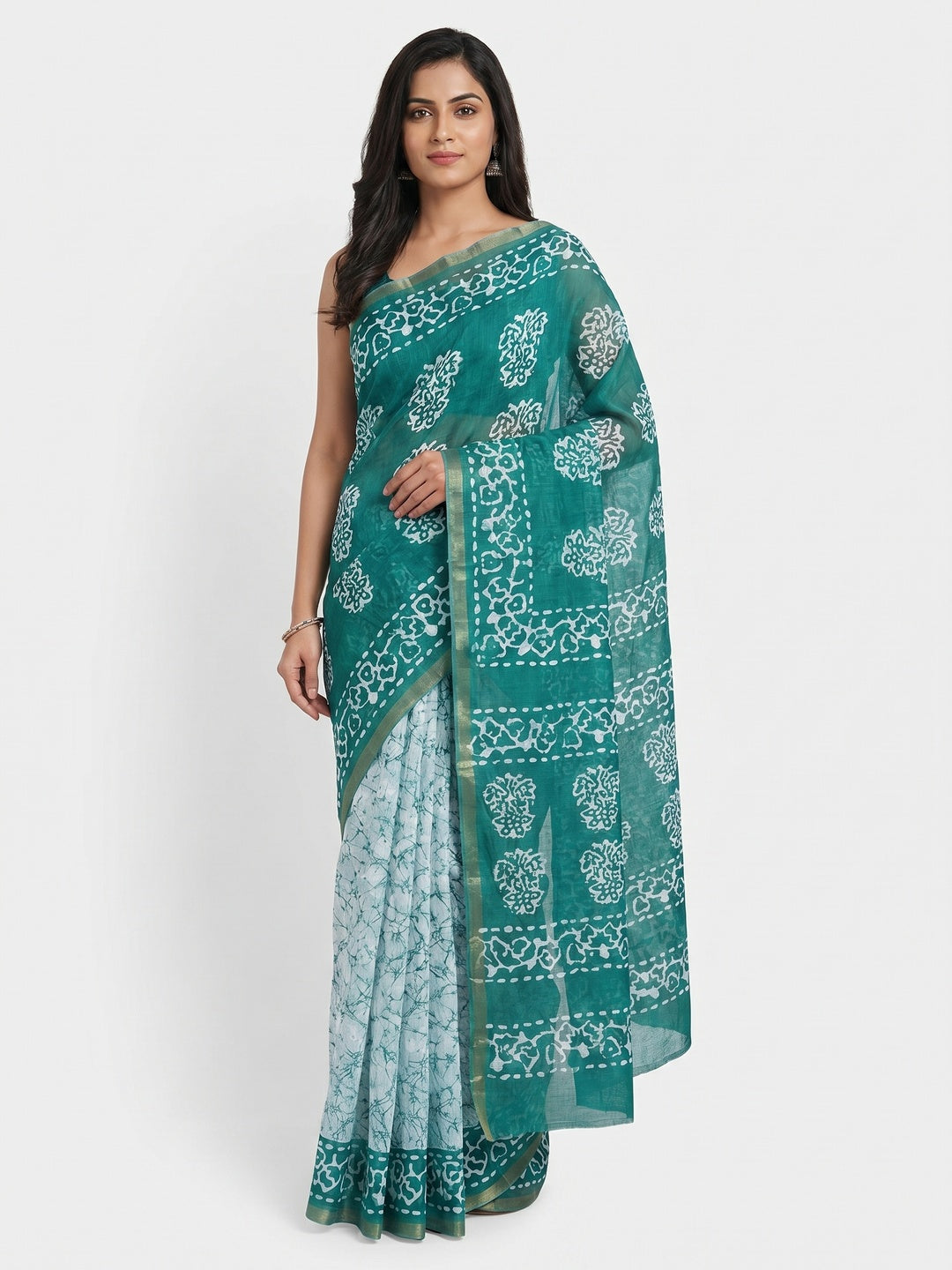 Rama Green Digital Printed Linen Saree With Zari Border - Image 1
