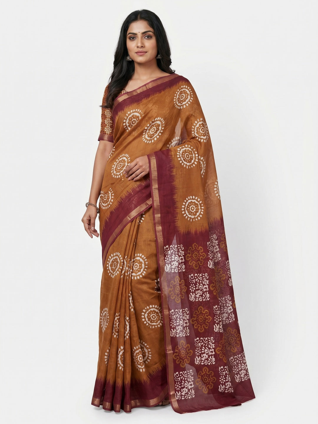 Brown & Wine Digital Printed Linen Saree With Zari Border - Image 1