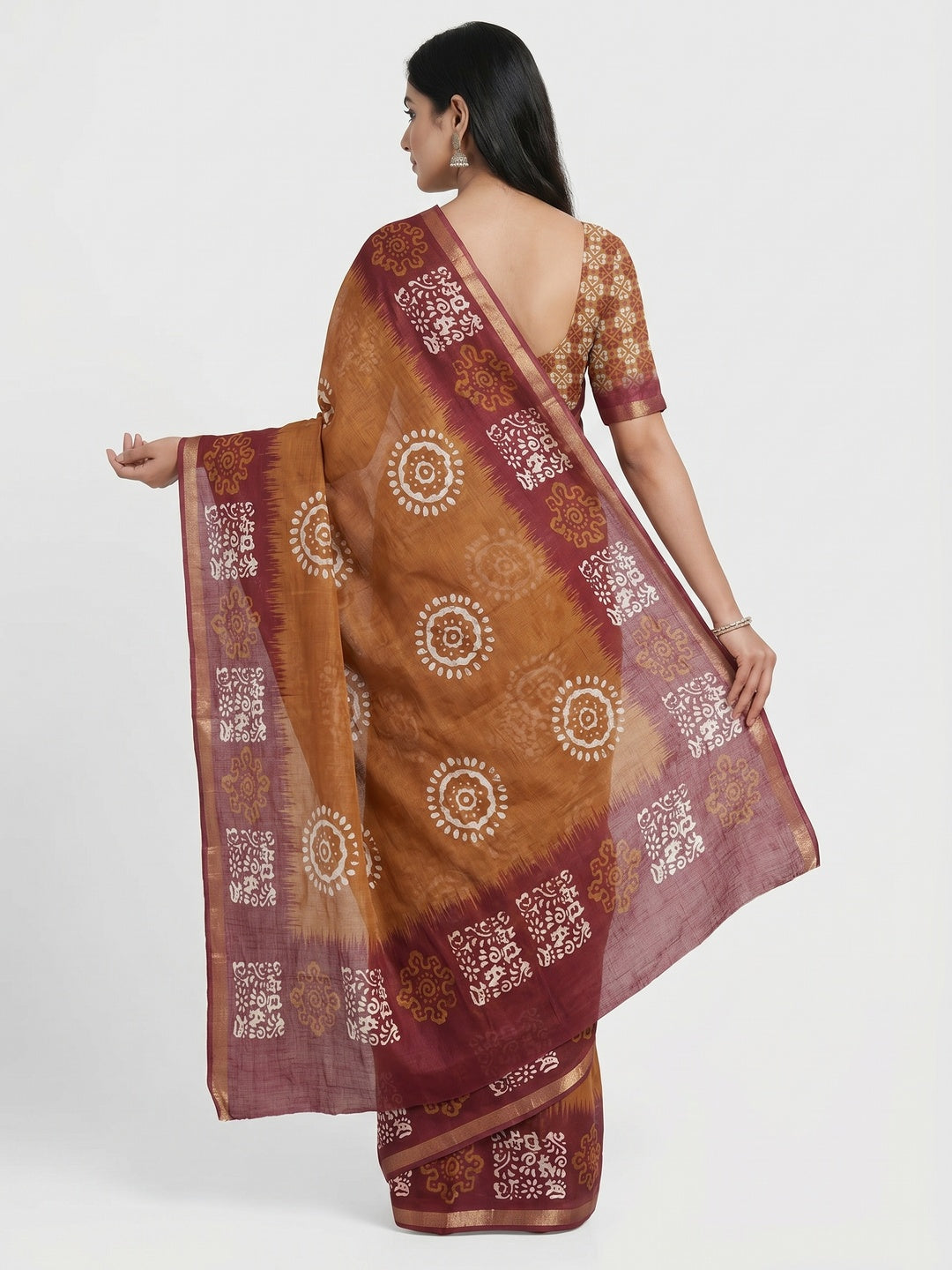 Brown & Wine Digital Printed Linen Saree With Zari Border - Image 3