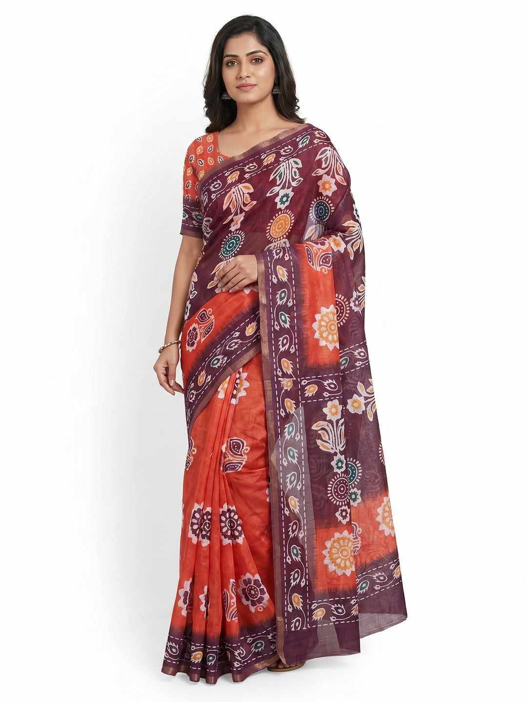 Reddish Orange Digital Printed Linen Saree With Zari Border - Image 1