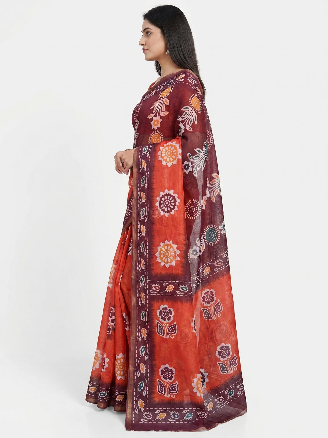 Reddish Orange Digital Printed Linen Saree With Zari Border - Image 2