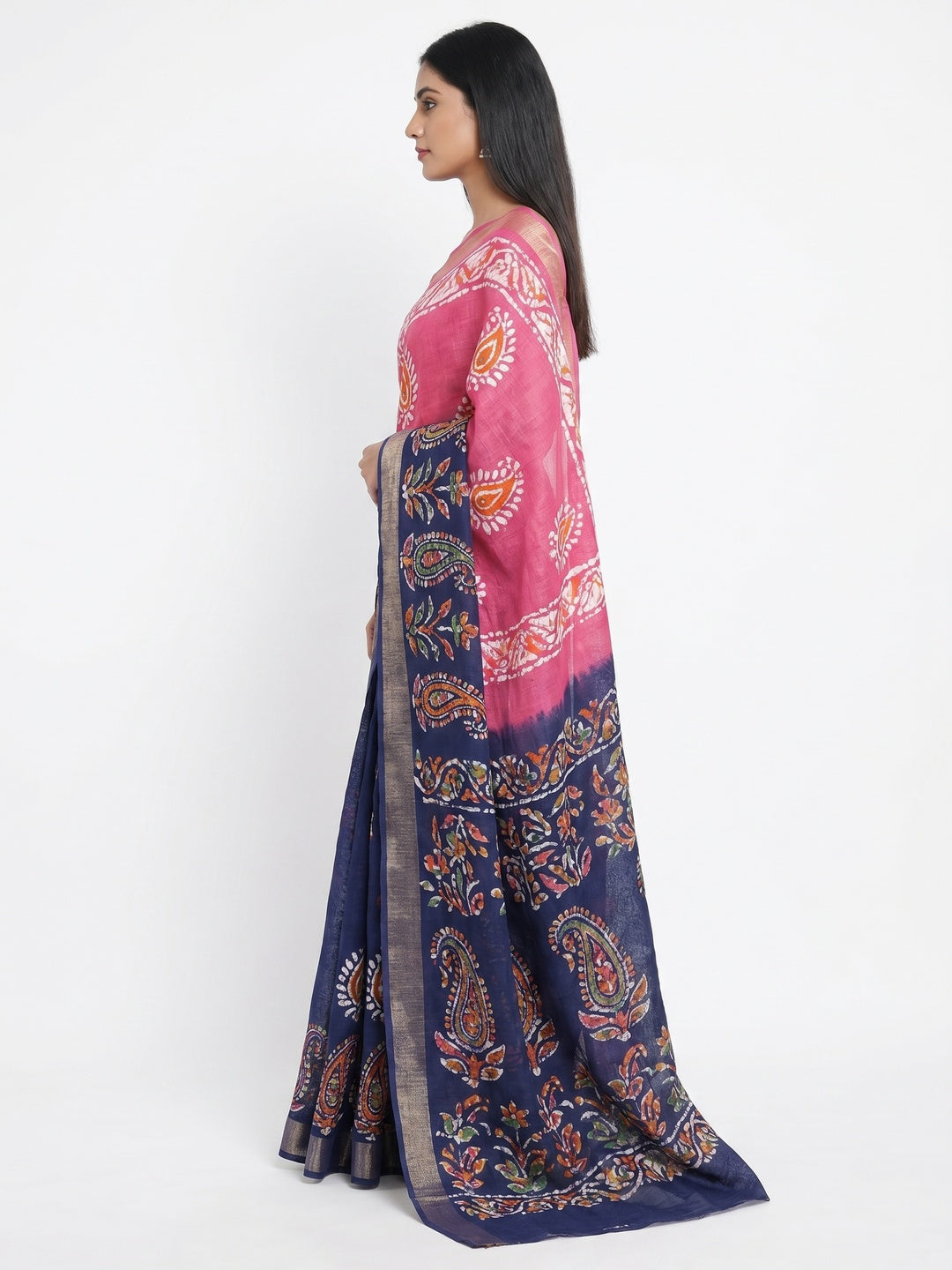 Pink & Blue Digital Printed Linen Saree With Zari Border - Image 2