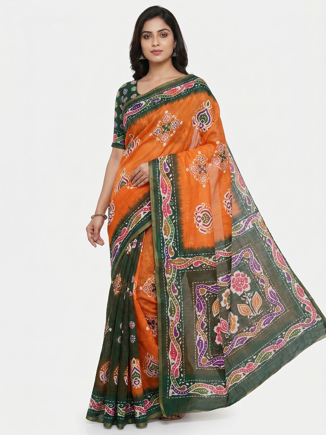 Orange & Green Digital Printed Linen Saree With Zari Border - Image 1