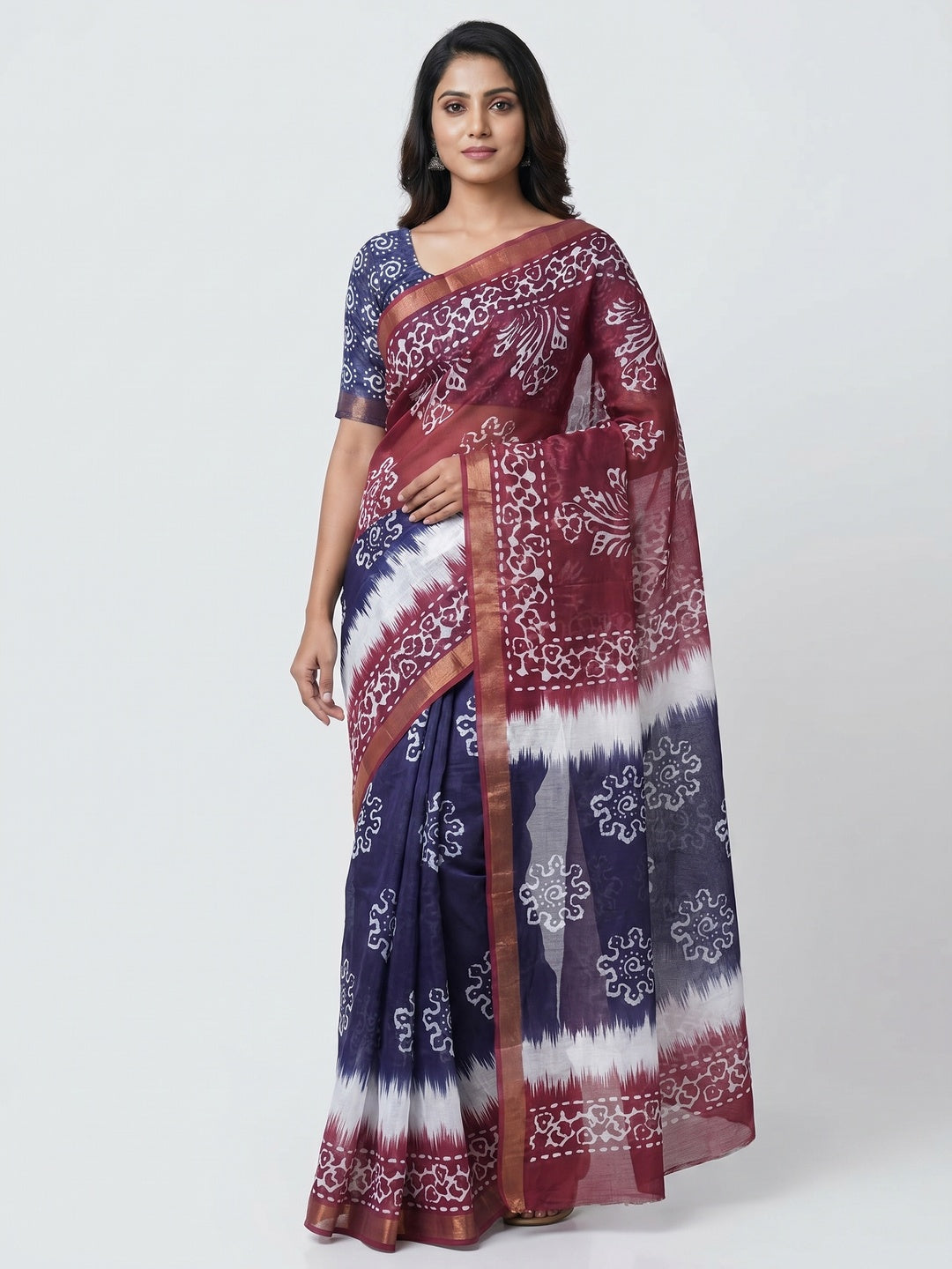 Blue & Maroon Digital Printed Linen Saree With Zari Border - Image 1