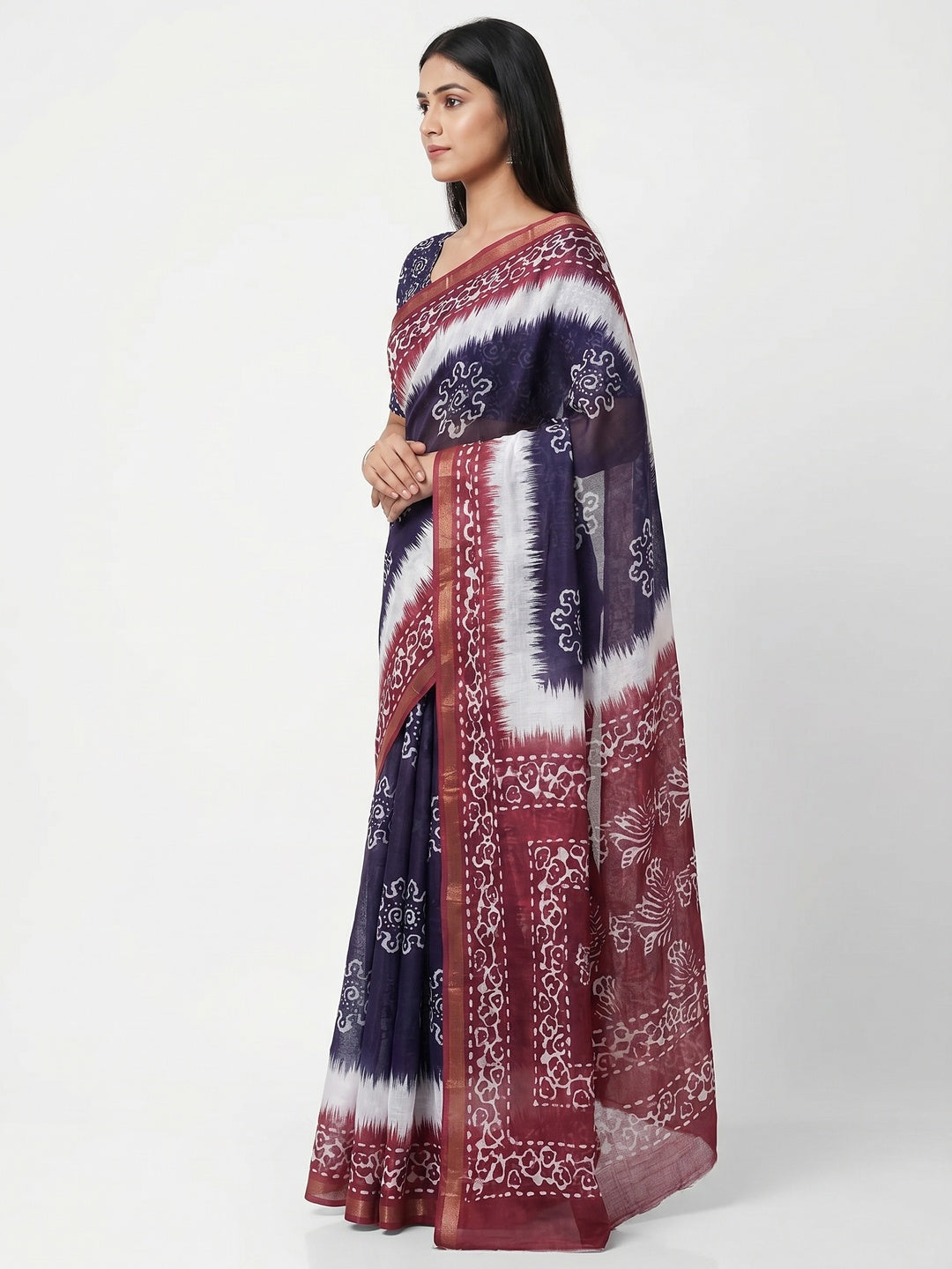 Blue & Maroon Digital Printed Linen Saree With Zari Border - Image 4