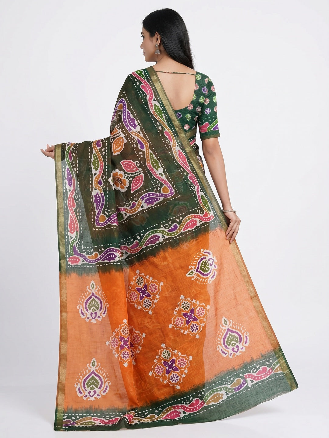 Orange & Green Digital Printed Linen Saree With Zari Border - Image 2