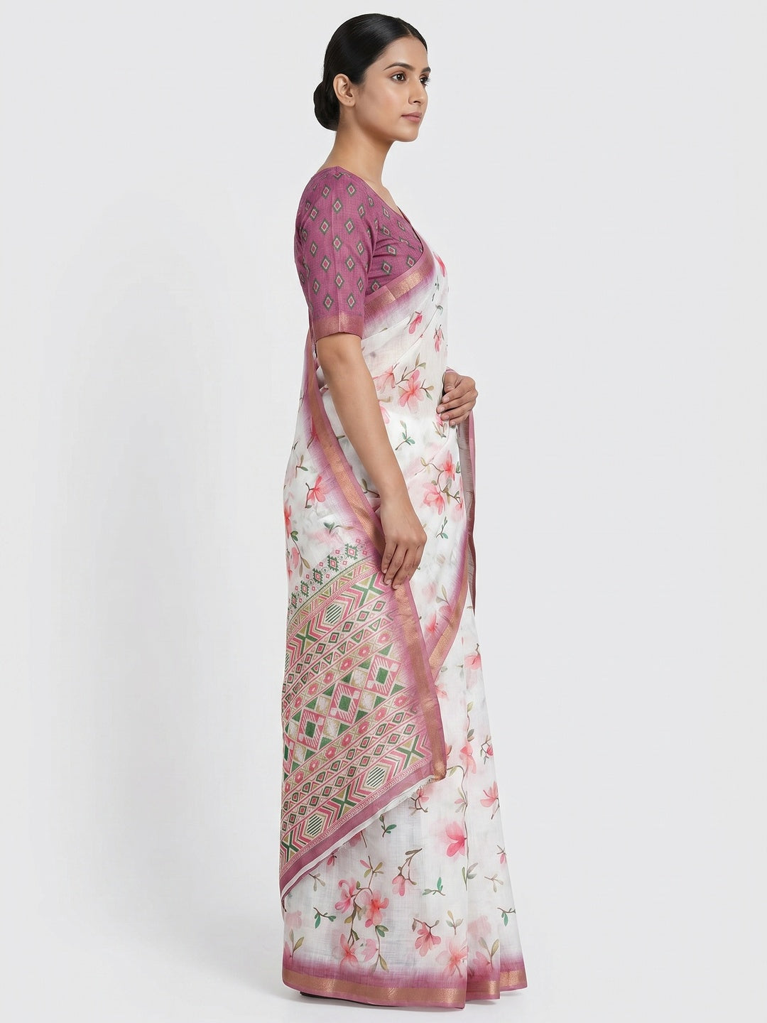 White & Pink Floral Digital Printed Linen Saree With Zari Border - Image 1