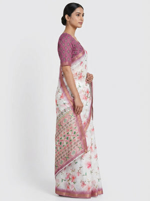 White & Pink Floral Digital Printed Linen Saree With Zari Border - Image 1