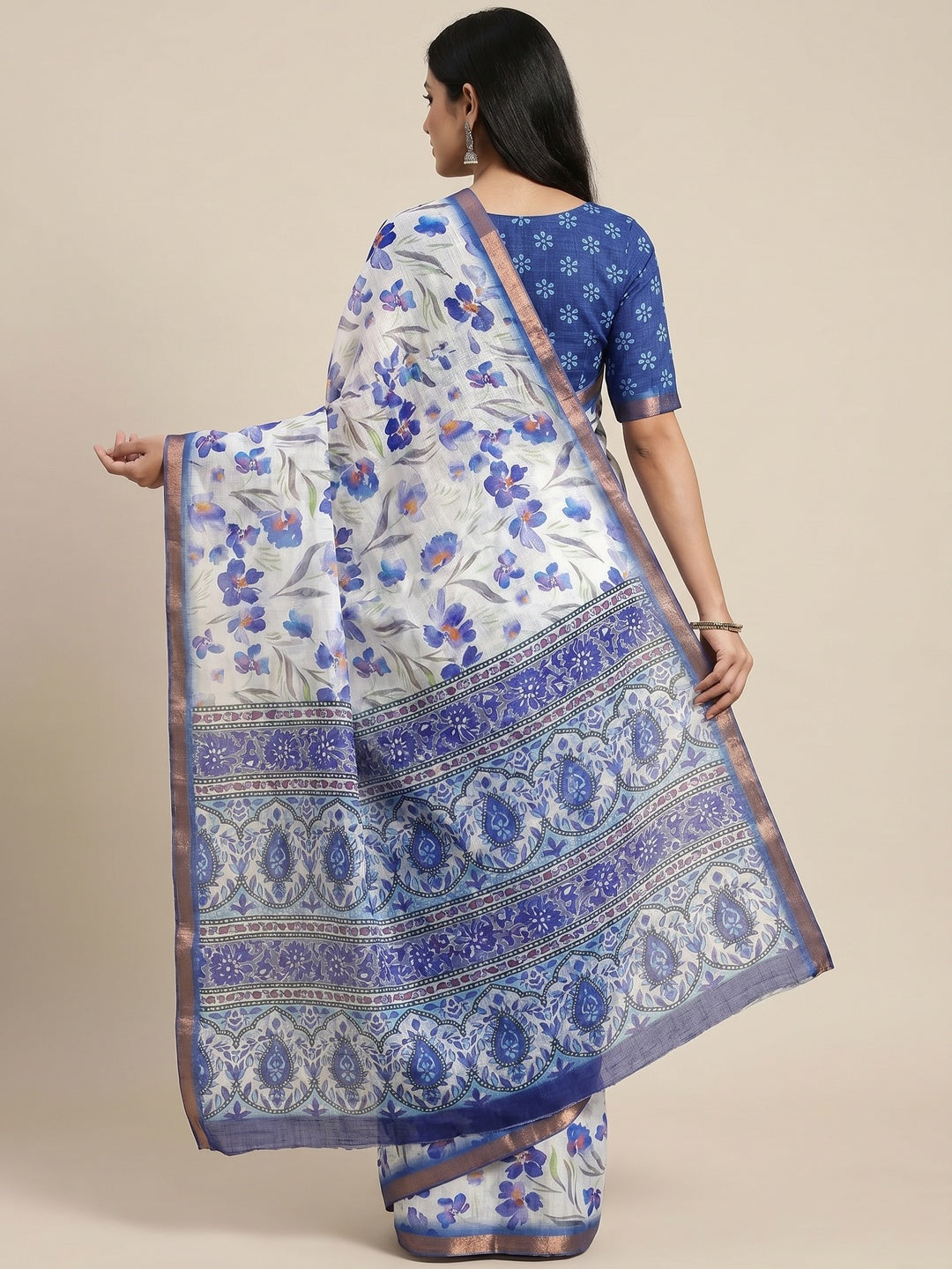 White & Blue Floral Digital Printed Linen Saree With Zari Border - Image 2