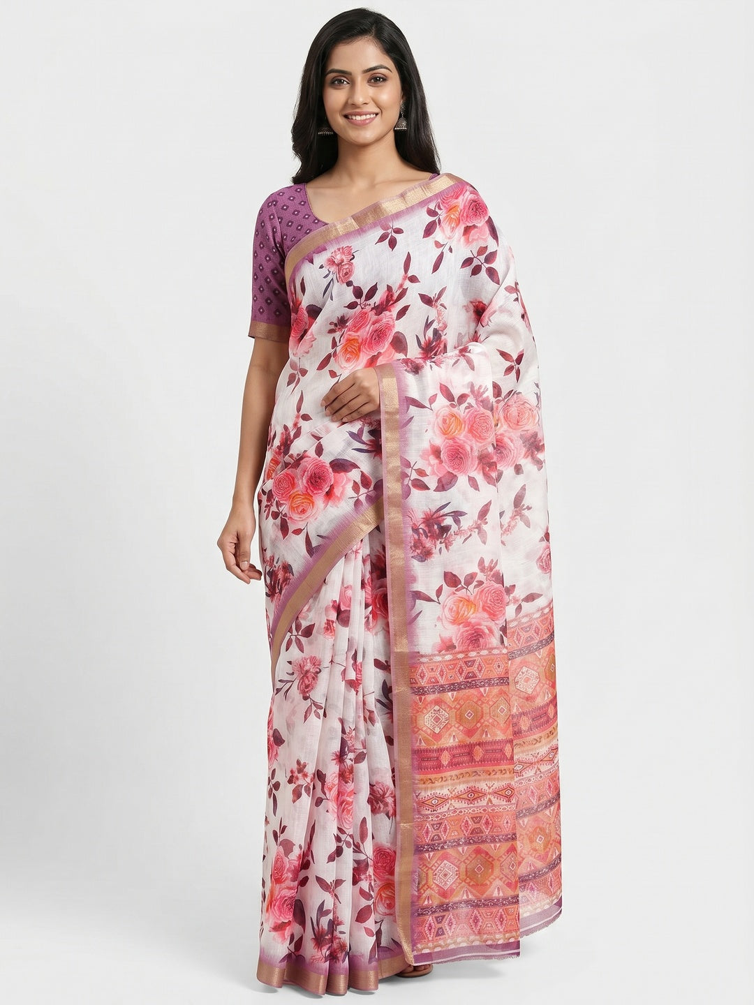 White & Pink Floral Digital Printed Linen Saree With Zari Border - Image 1