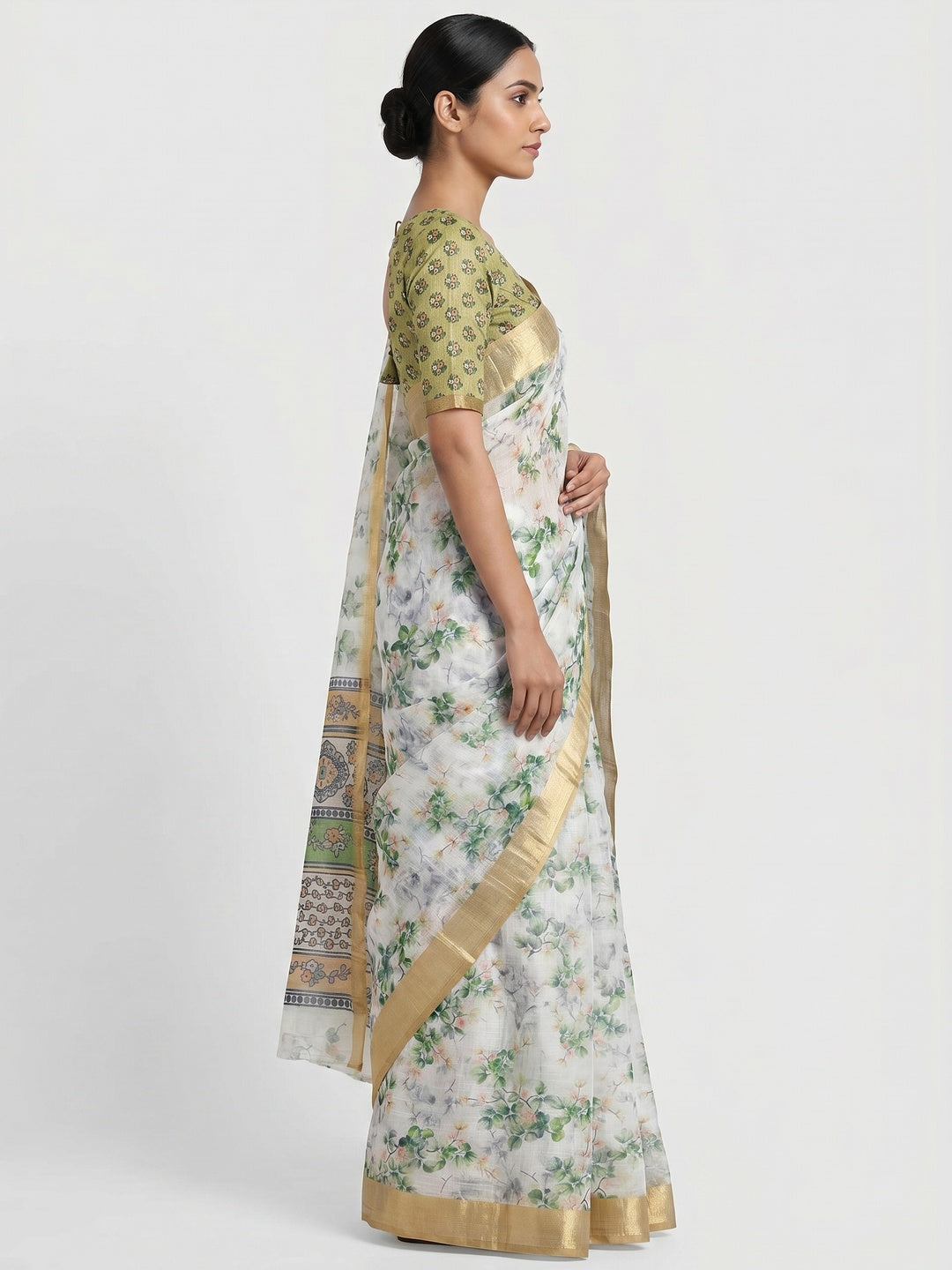 White & Green Floral Digital Printed Linen Saree With Zari Border - Image 2
