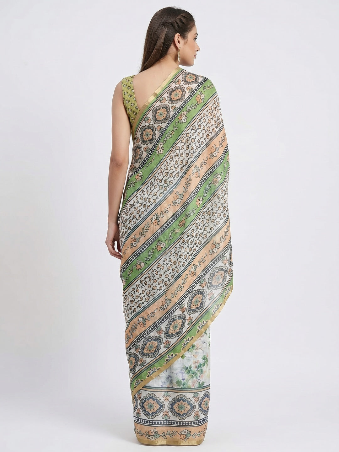 White & Green Floral Digital Printed Linen Saree With Zari Border - Image 1