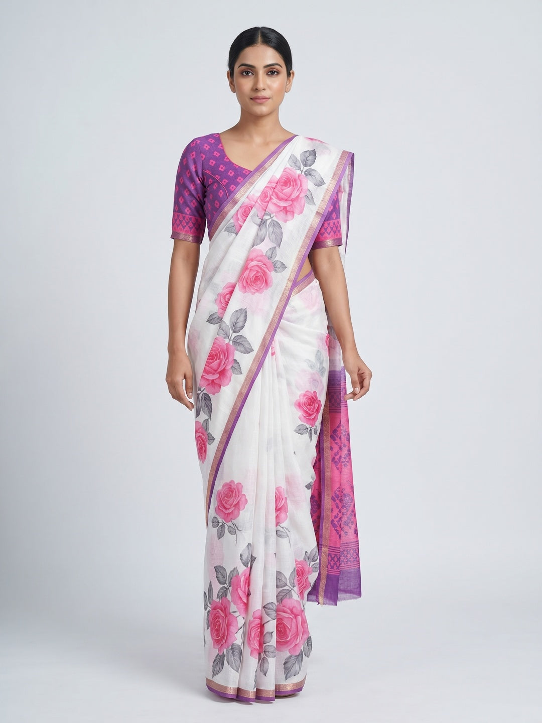 White & Pink Floral Digital Printed Linen Saree With Zari Border - Image 1