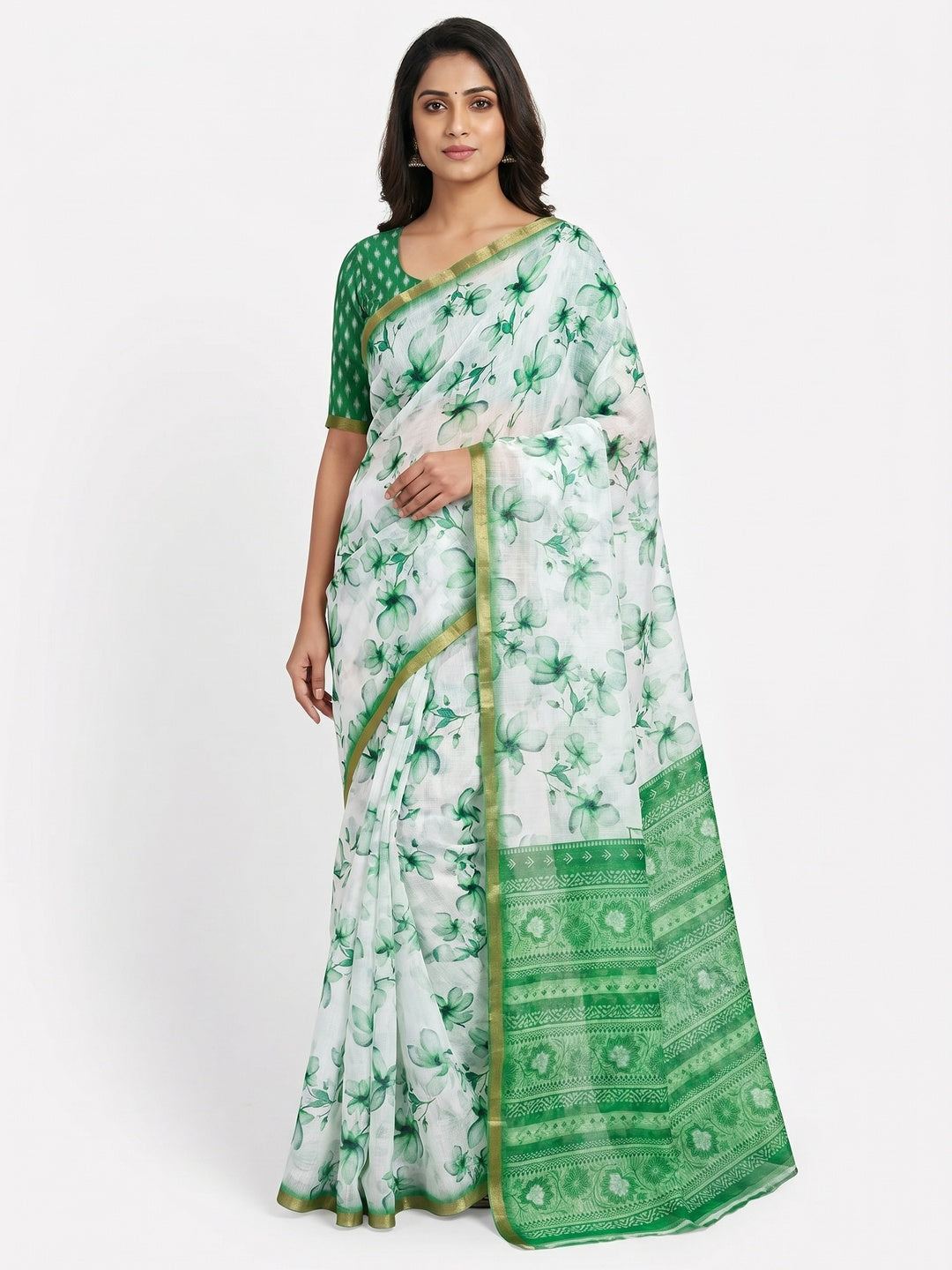 White & Green Floral Digital Printed Linen Saree With Zari Border - Image 1
