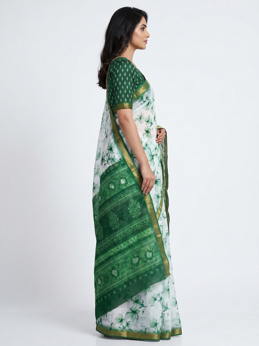 White & Green Floral Digital Printed Linen Saree With Zari Border - Image 3