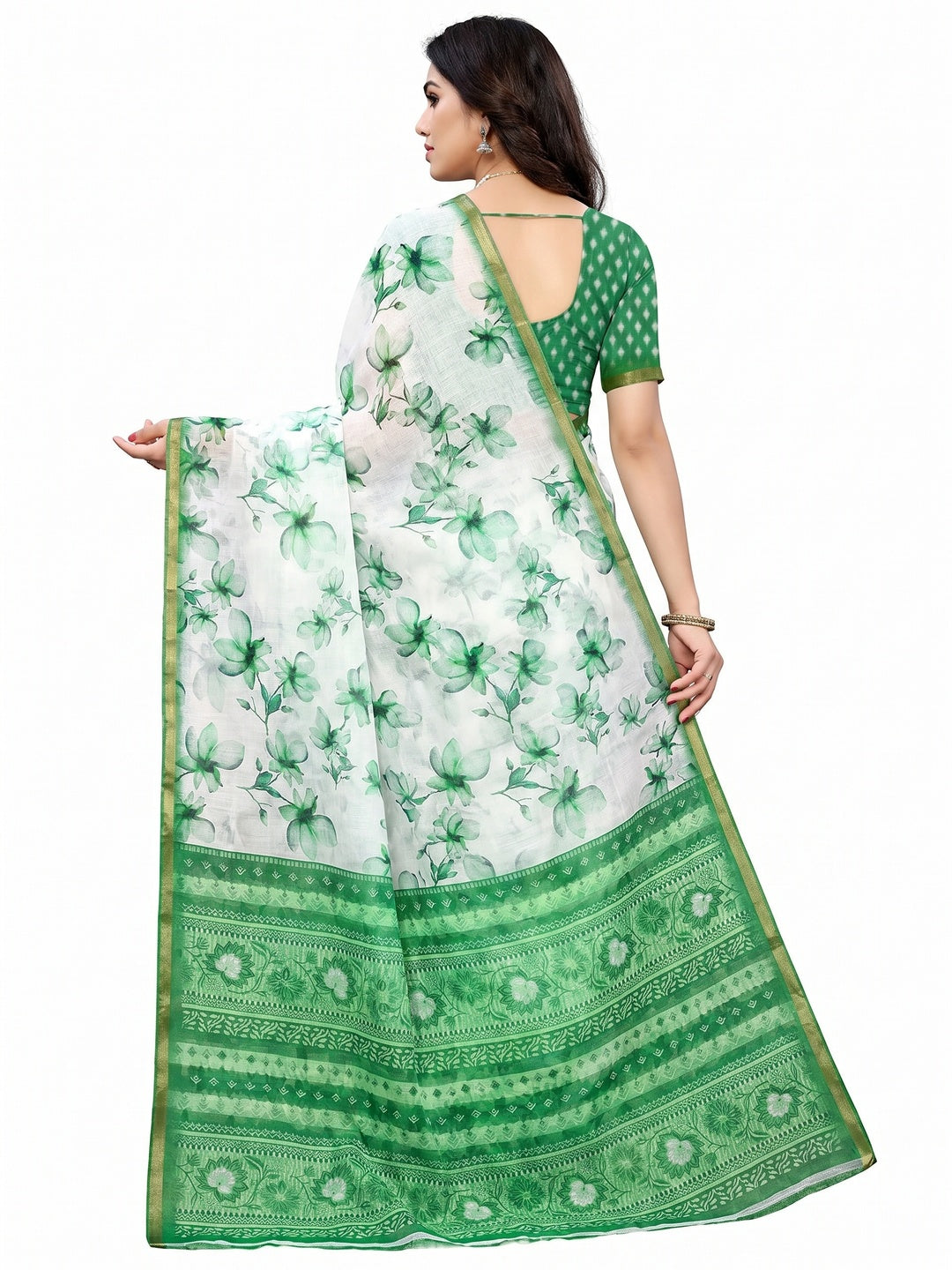 White & Green Floral Digital Printed Linen Saree With Zari Border - Image 2