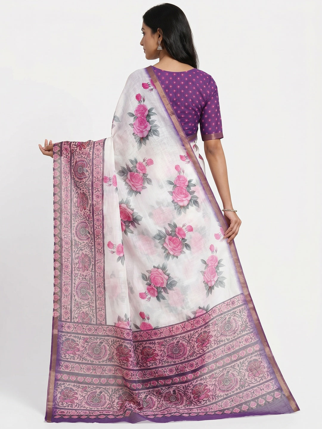 White & Pink Floral Digital Printed Linen Saree With Zari Border - Image 3