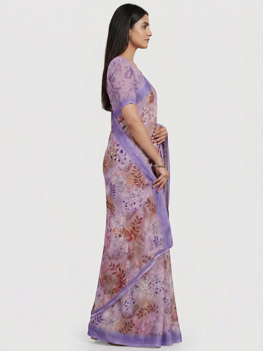Lavender Floral Digital Printed Georgette Saree - Image 2