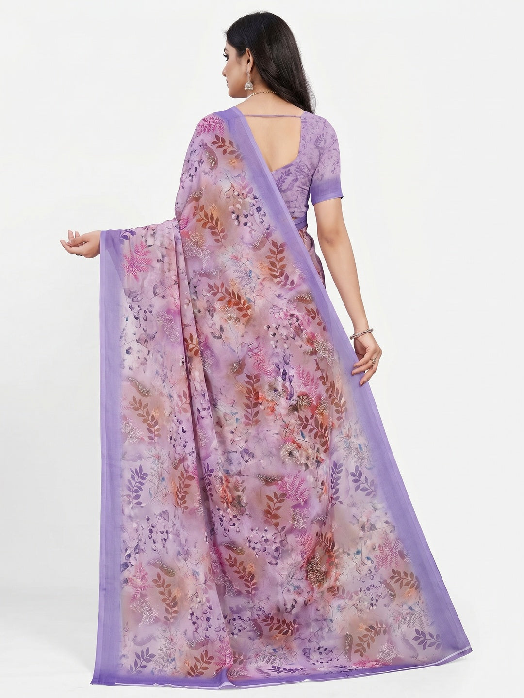 Lavender Floral Digital Printed Georgette Saree - Image 3