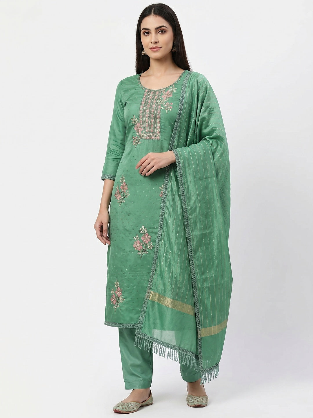 Green Floral Embroidery With Stonework Chanderi Silk Dress Material - Image 1
