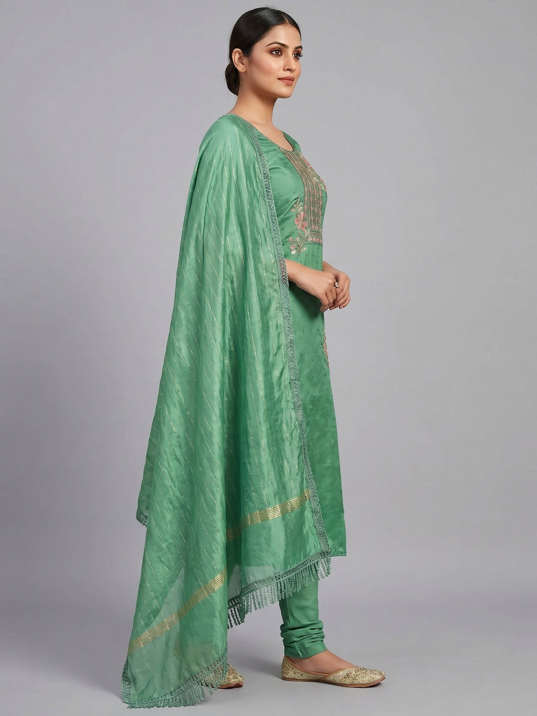 Green Floral Embroidery With Stonework Chanderi Silk Dress Material - Image 2