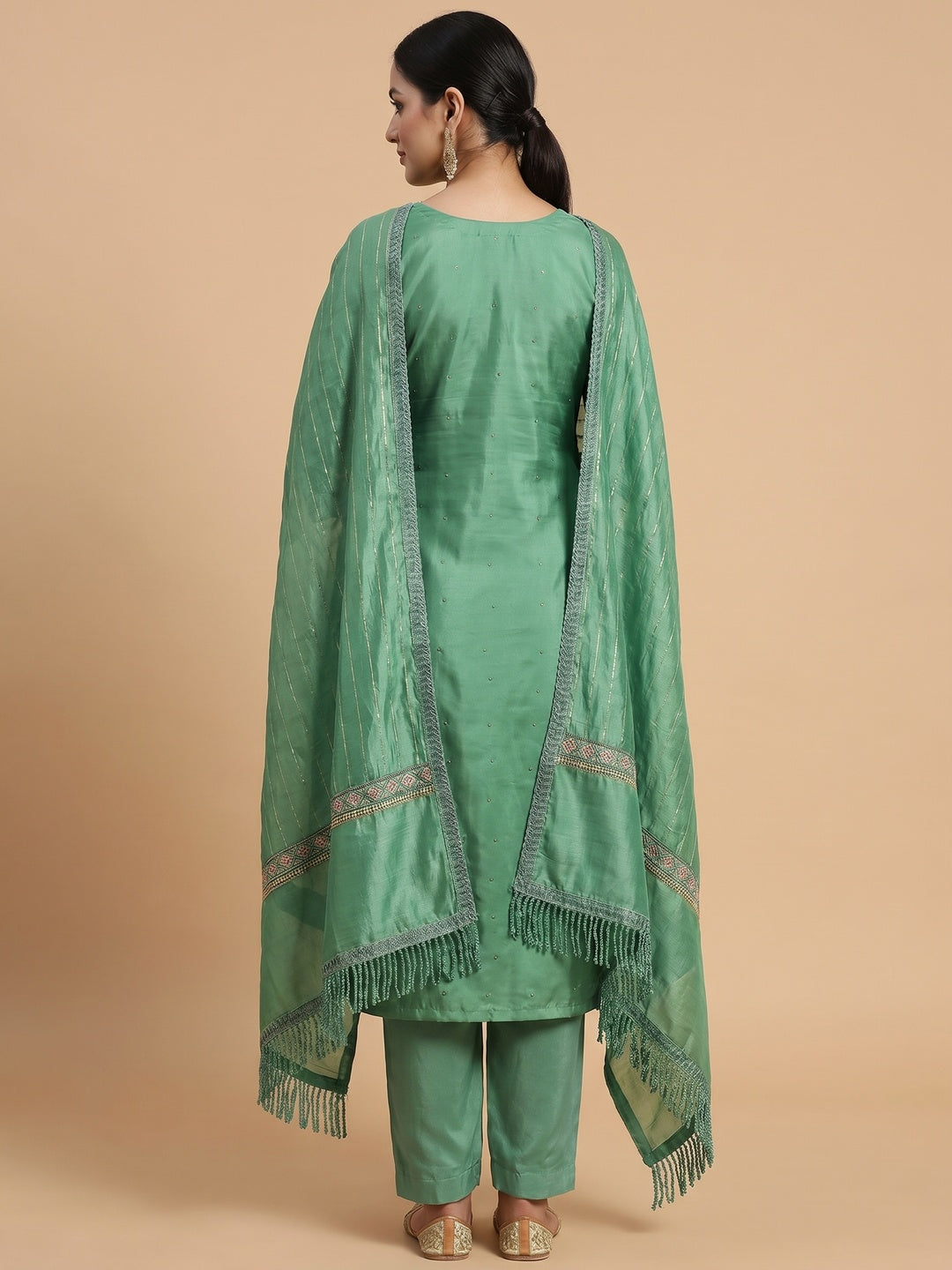 Green Floral Embroidery With Stonework Chanderi Silk Dress Material - Image 3