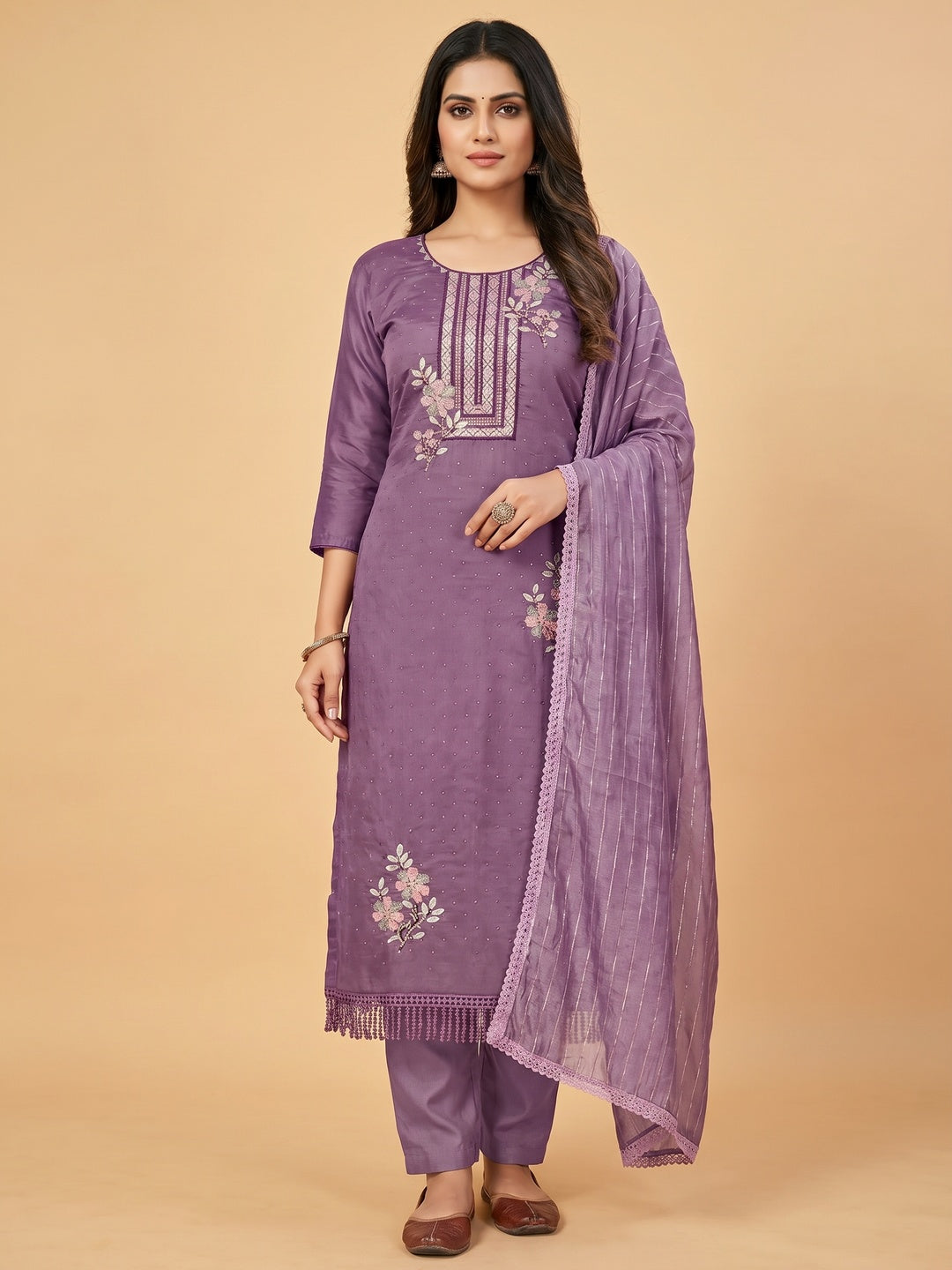 Purple Floral Embroidery With Stonework Chanderi Silk Dress Material - Image 1