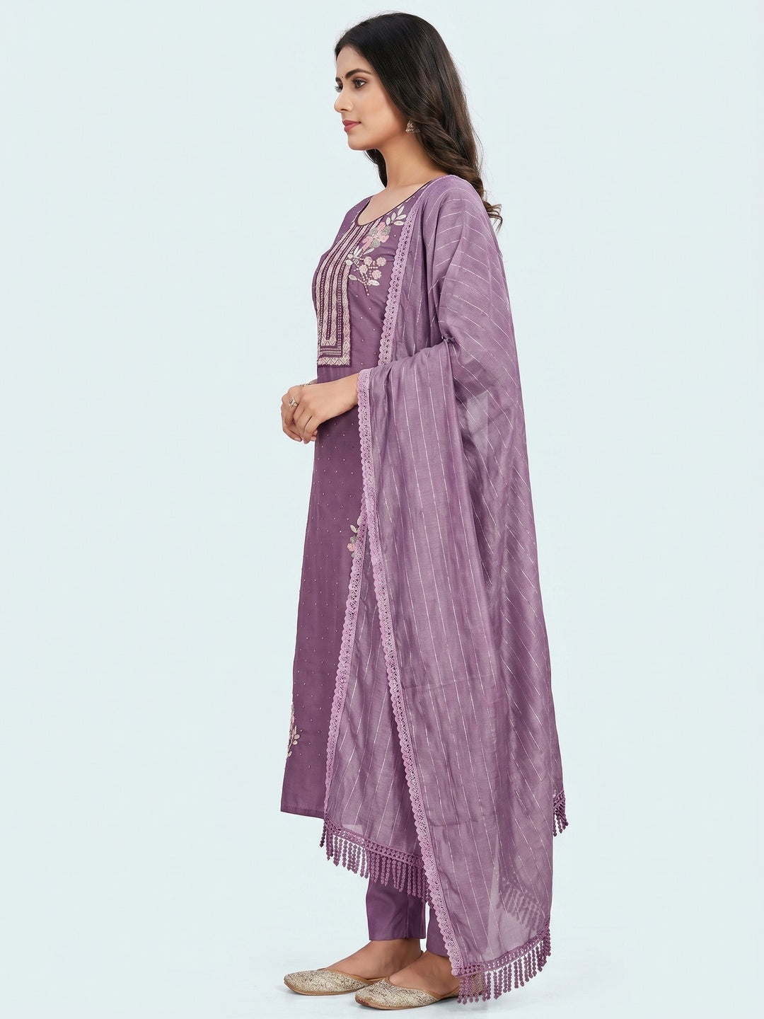 Purple Floral Embroidery With Stonework Chanderi Silk Dress Material - Image 3