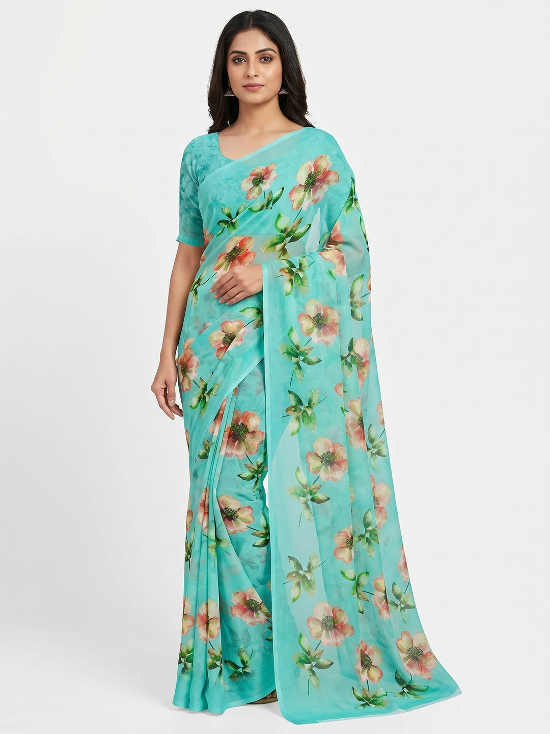 Turquoise Floral Digital Printed Georgette Saree - Image 1