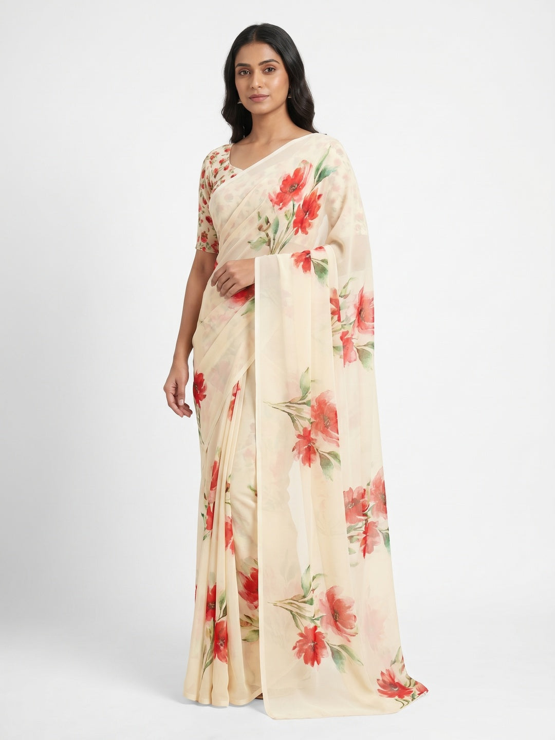 Cream Floral Digital Printed Georgette Saree - Image 1