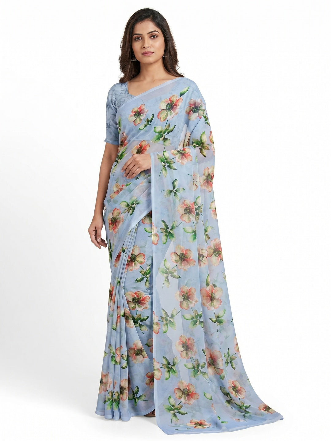 Bluyish Grey Floral Digital Printed Georgette Saree - Image 1