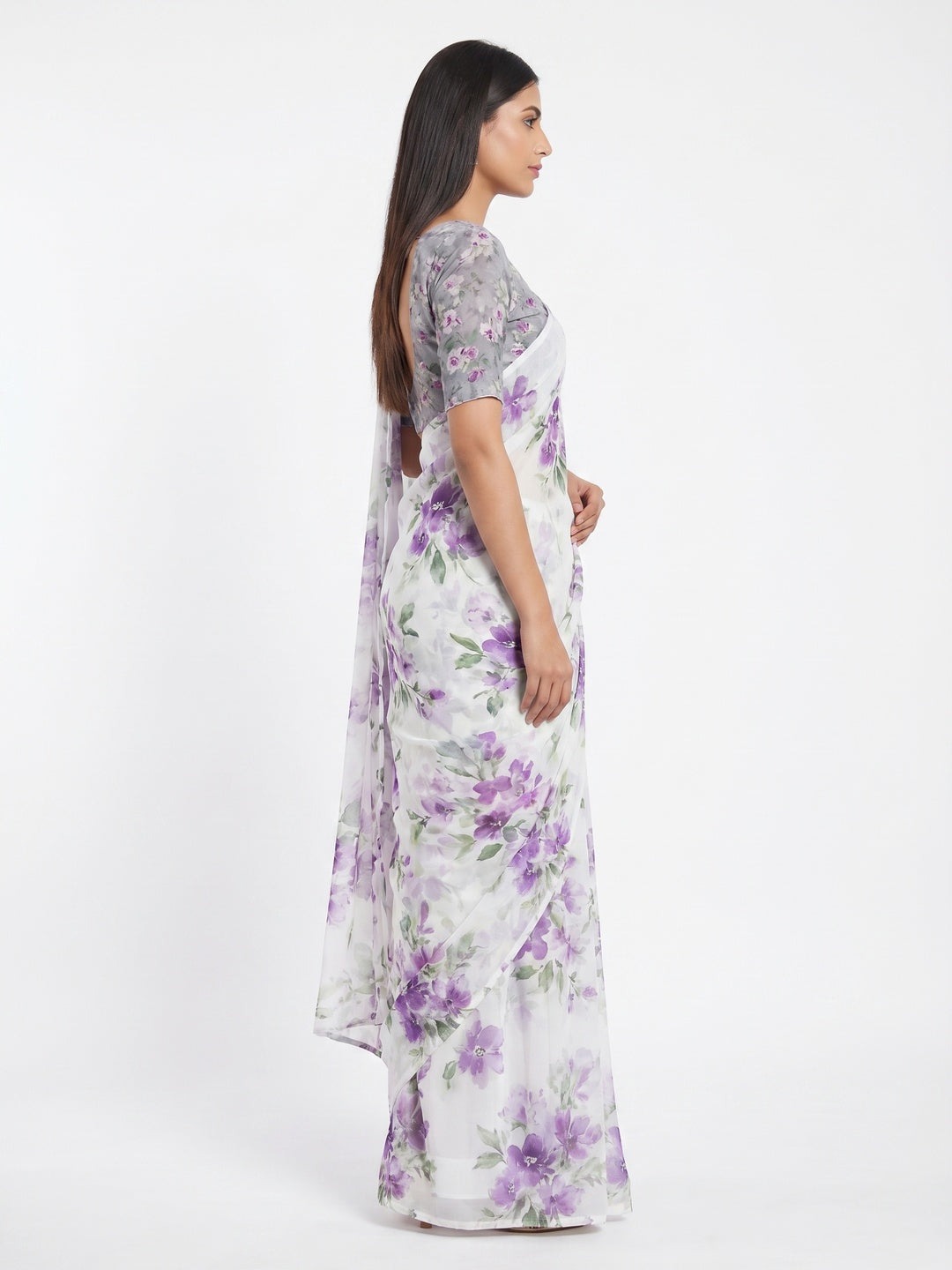 White Floral Digital Printed Georgette Saree - Image 3