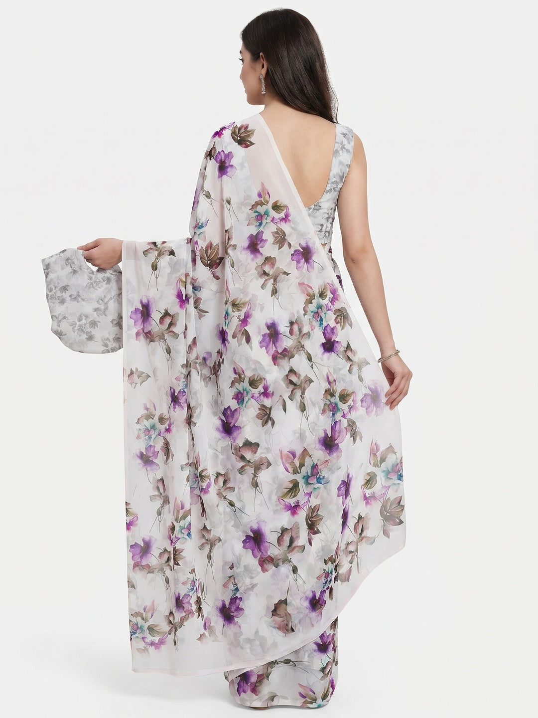 White Floral Digital Printed Georgette Saree - Image 2