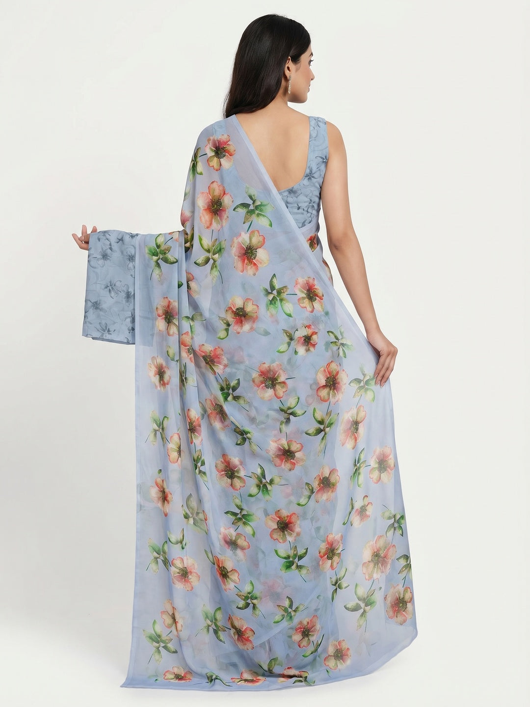 Bluyish Grey Floral Digital Printed Georgette Saree - Image 2