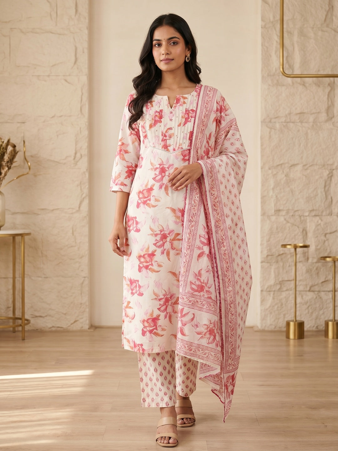 Cream Pure Cotton Floral Printed Salwar Suit Set - Image 1