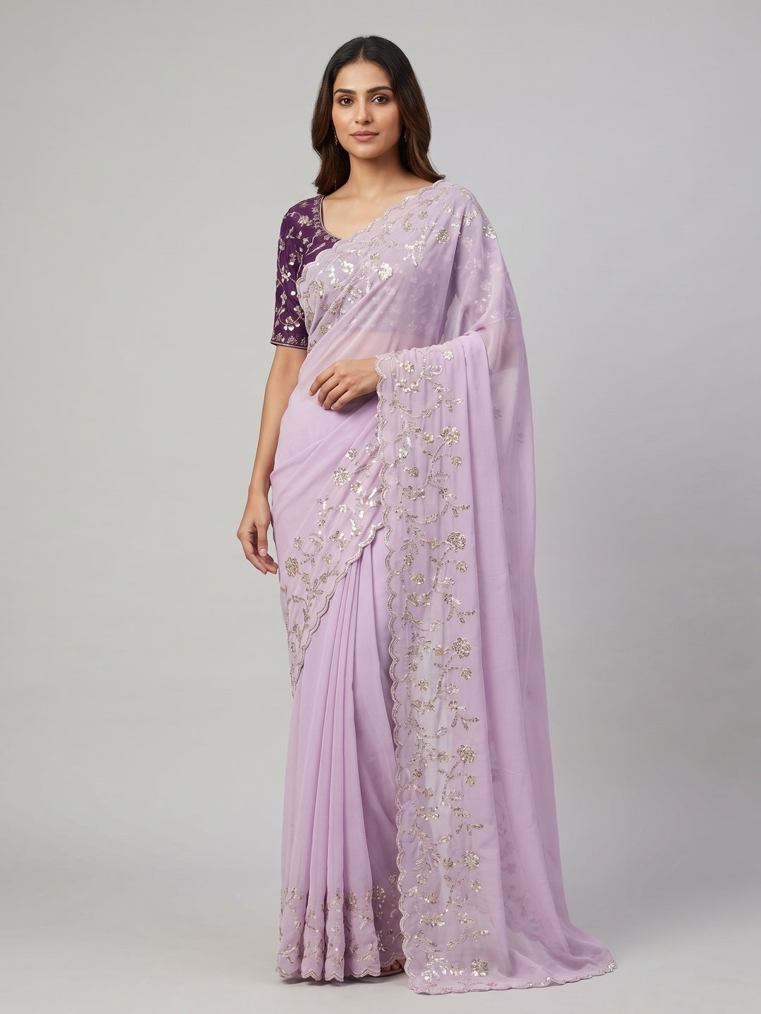 Lavender Floral Sequins Embroidered Chiffon Saree - Image 1
